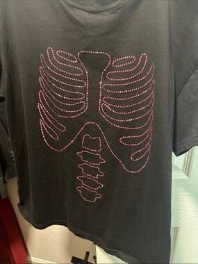 Victoria's Secret Black Short Sleeve Tee with Pink Rhinestone Ribcage